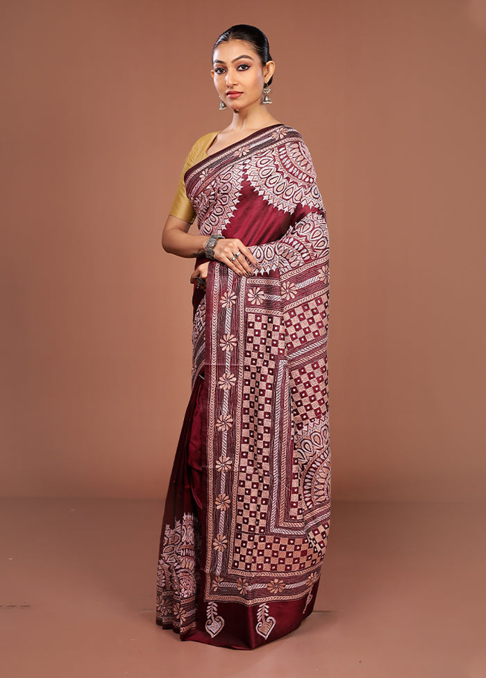 Maroon Handloom Kantha Stitch Pure Silk Saree With Blouse Piece