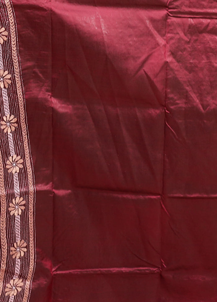 Maroon Handloom Kantha Stitch Pure Silk Saree With Blouse Piece