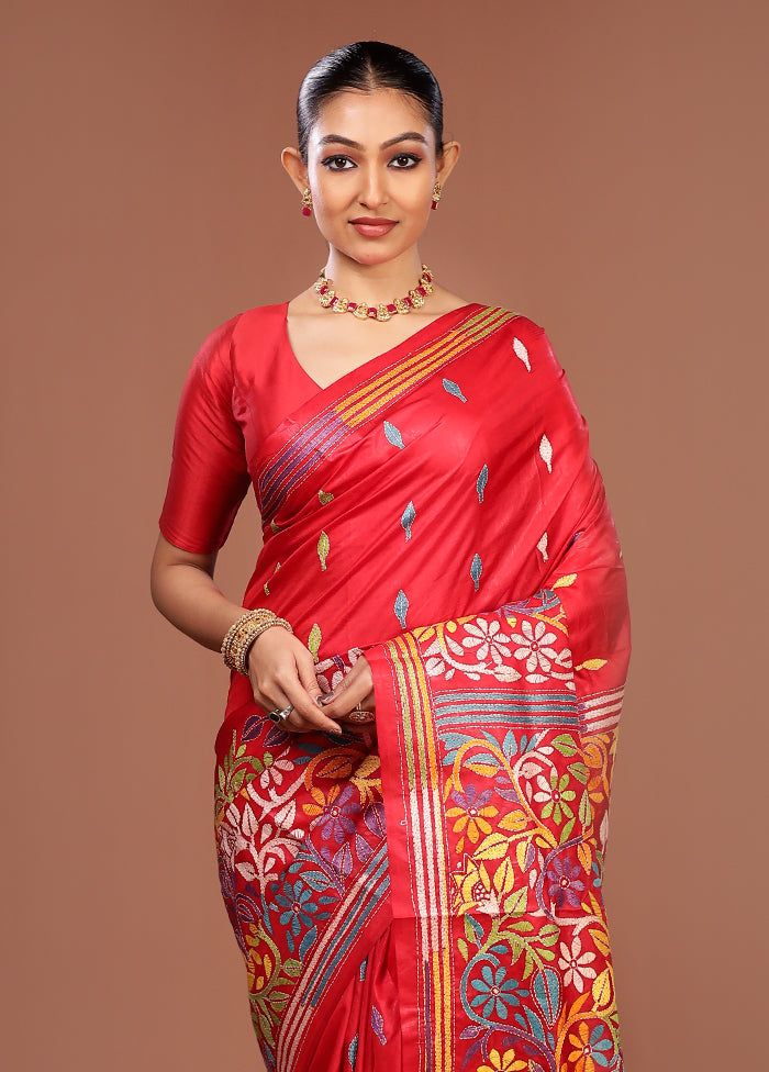 Red Handloom Kantha Stitch Pure Silk Saree With Blouse Piece
