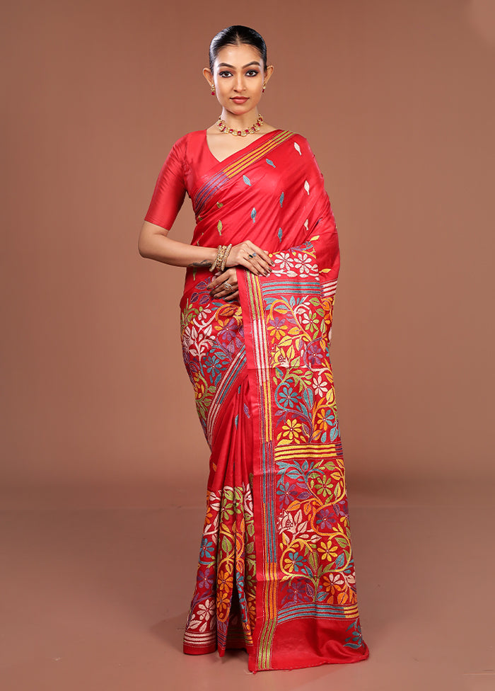 Red Handloom Kantha Stitch Pure Silk Saree With Blouse Piece