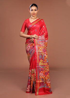 Red Handloom Kantha Stitch Pure Silk Saree With Blouse Piece