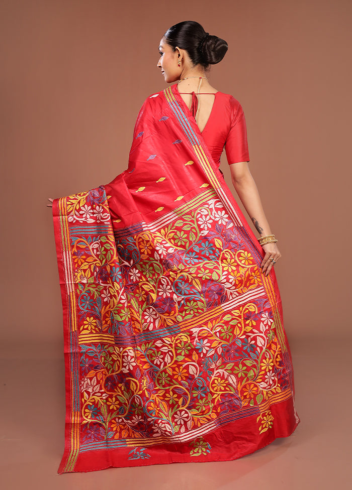 Red Handloom Kantha Stitch Pure Silk Saree With Blouse Piece