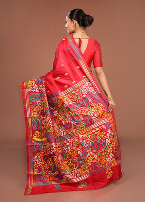 Red Handloom Kantha Stitch Pure Silk Saree With Blouse Piece