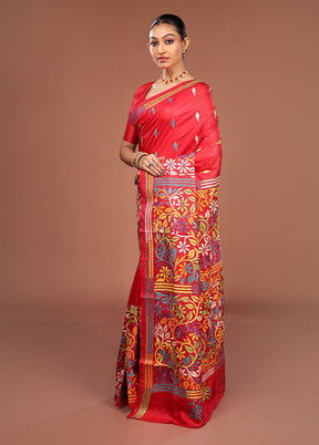 Red Handloom Kantha Stitch Pure Silk Saree With Blouse Piece