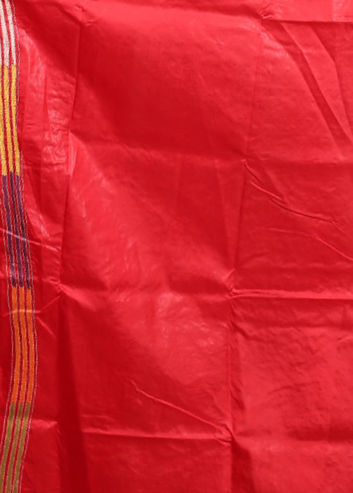 Red Handloom Kantha Stitch Pure Silk Saree With Blouse Piece