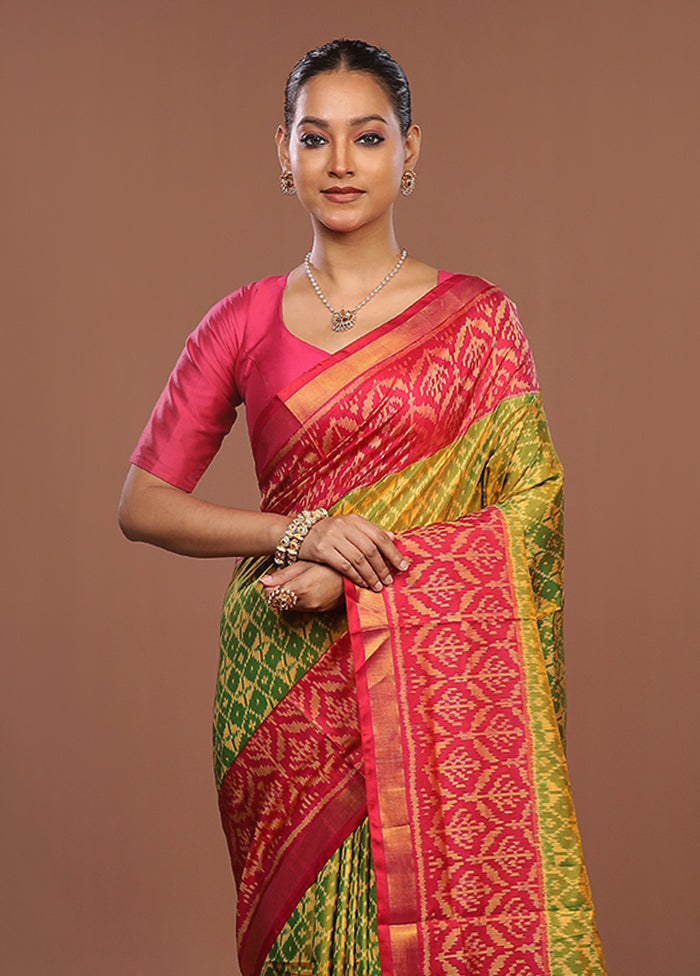 Green Handloom Patola Pure Silk Saree With Blouse Piece