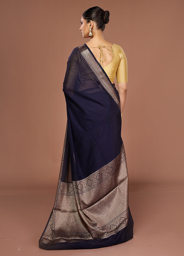 Blue Dupion Silk Saree With Blouse Piece