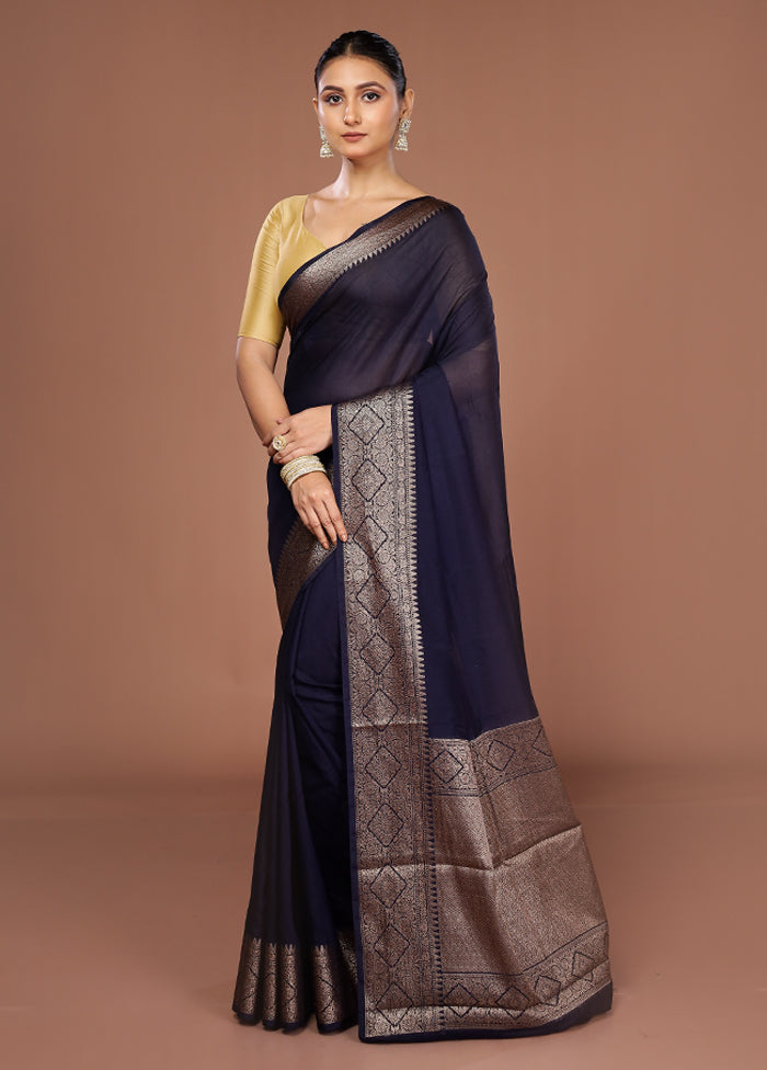 Blue Dupion Silk Saree With Blouse Piece