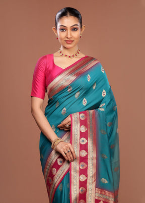 Blue Dupion Silk Saree With Blouse Piece