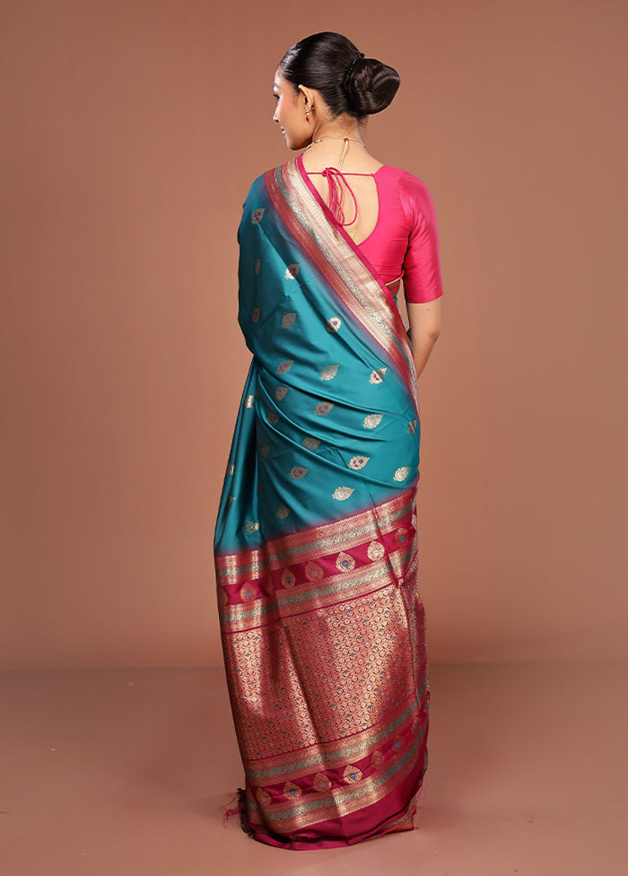 Blue Dupion Silk Saree With Blouse Piece
