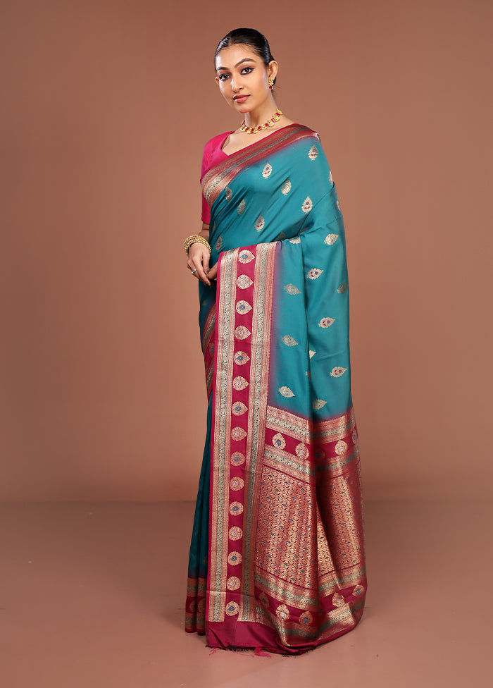 Blue Dupion Silk Saree With Blouse Piece