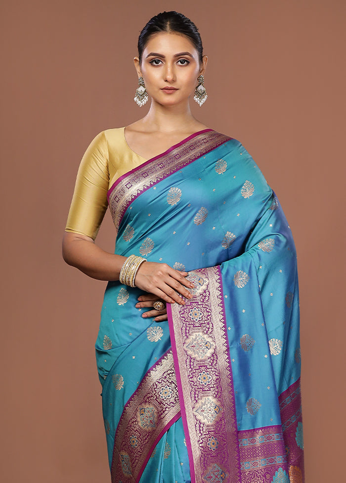 Blue Dupion Silk Saree With Blouse Piece