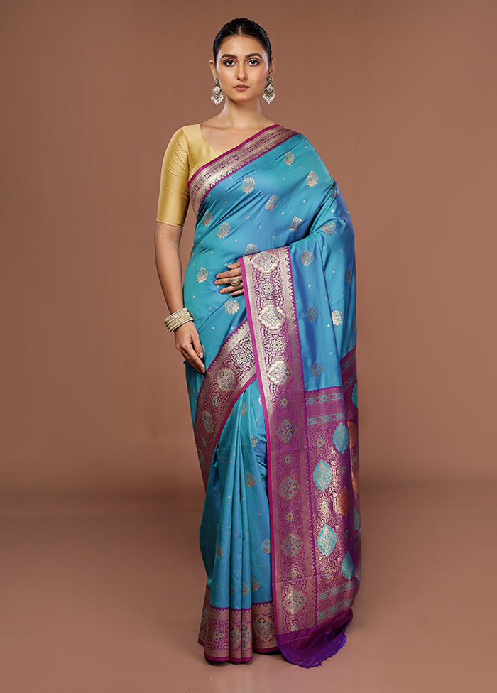 Blue Dupion Silk Saree With Blouse Piece