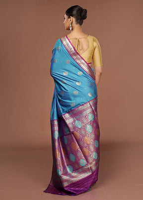 Blue Dupion Silk Saree With Blouse Piece