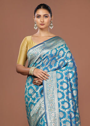 Blue Dupion Silk Saree With Blouse Piece