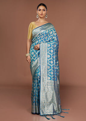 Blue Dupion Silk Saree With Blouse Piece