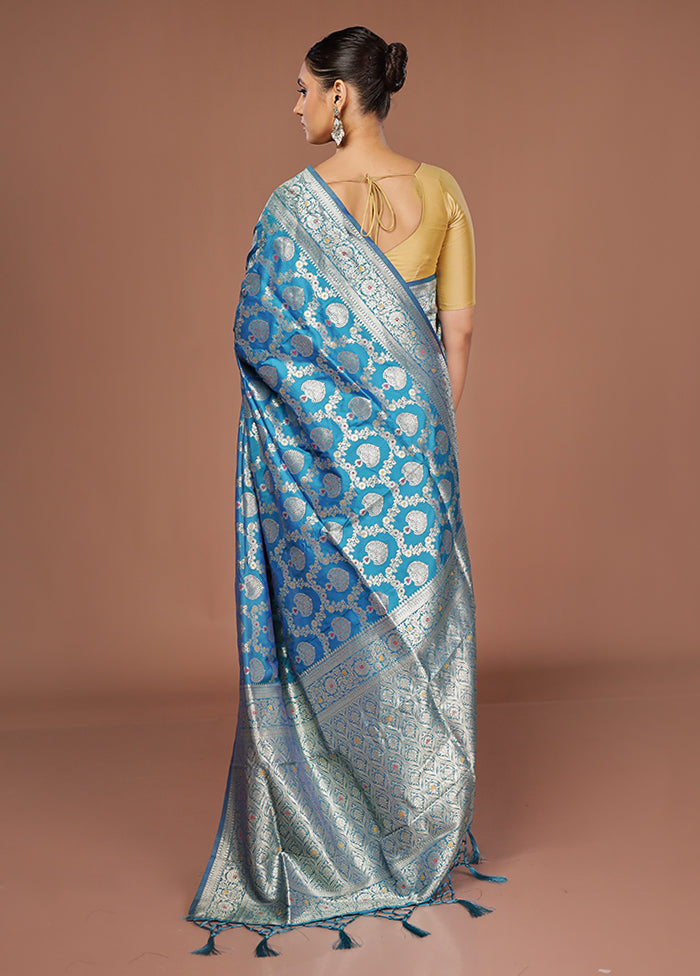 Blue Dupion Silk Saree With Blouse Piece