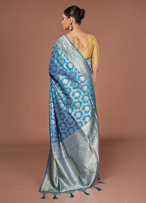 Blue Dupion Silk Saree With Blouse Piece