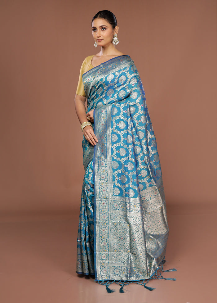 Blue Dupion Silk Saree With Blouse Piece