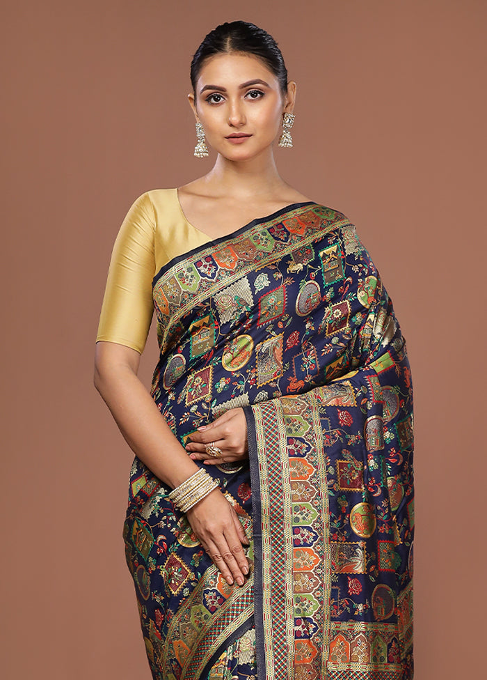Blue Dupion Silk Saree With Blouse Piece