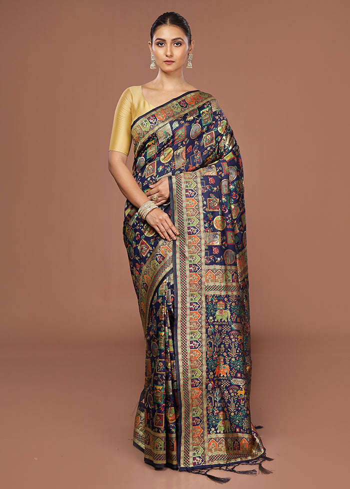Blue Dupion Silk Saree With Blouse Piece