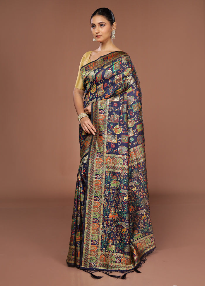 Blue Dupion Silk Saree With Blouse Piece