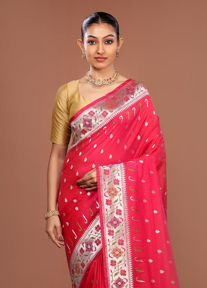 Pink Banarasi Silk Saree With Blouse Piece