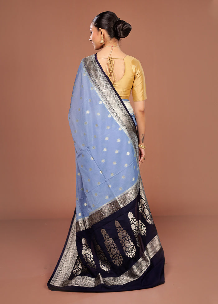 Blue Dupion Silk Saree With Blouse Piece