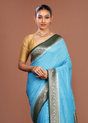 Blue Dupion Silk Saree With Blouse Piece