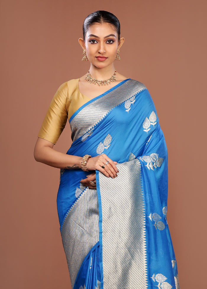 Blue Dupion Silk Saree With Blouse Piece