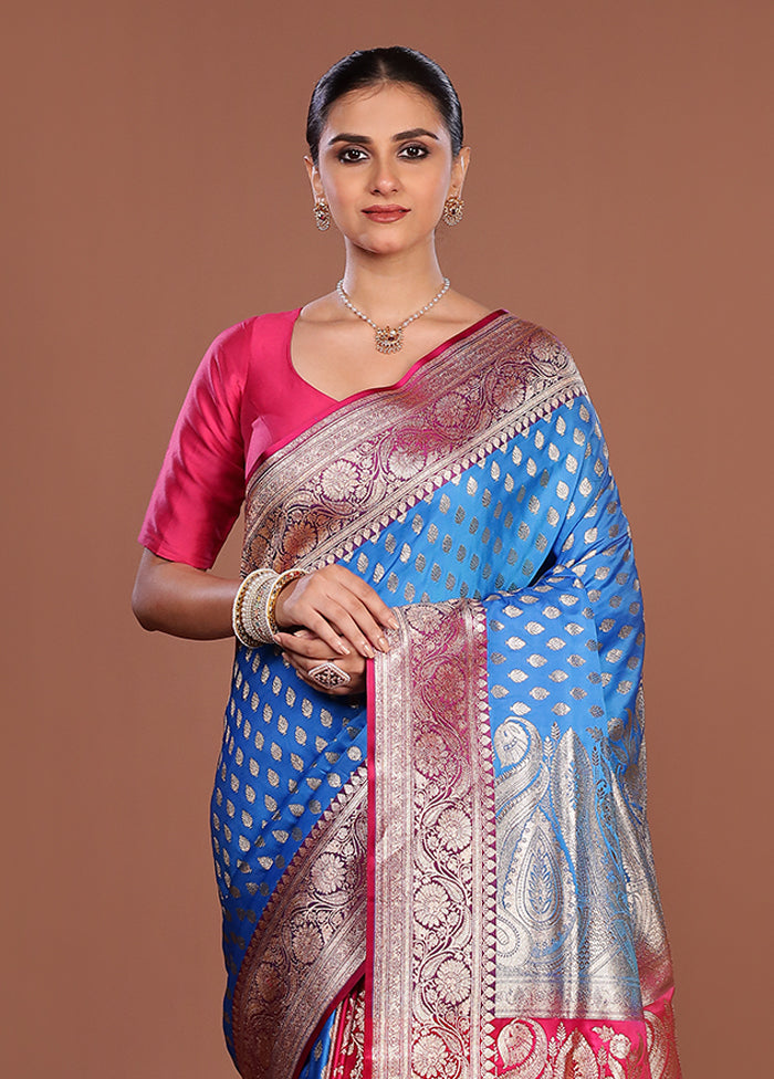 Blue Banarasi Silk Saree With Blouse Piece
