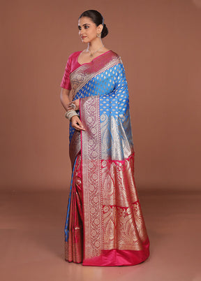 Blue Banarasi Silk Saree With Blouse Piece