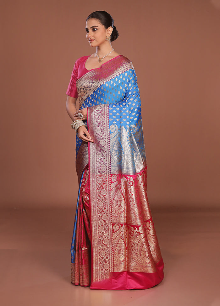 Blue Banarasi Silk Saree With Blouse Piece