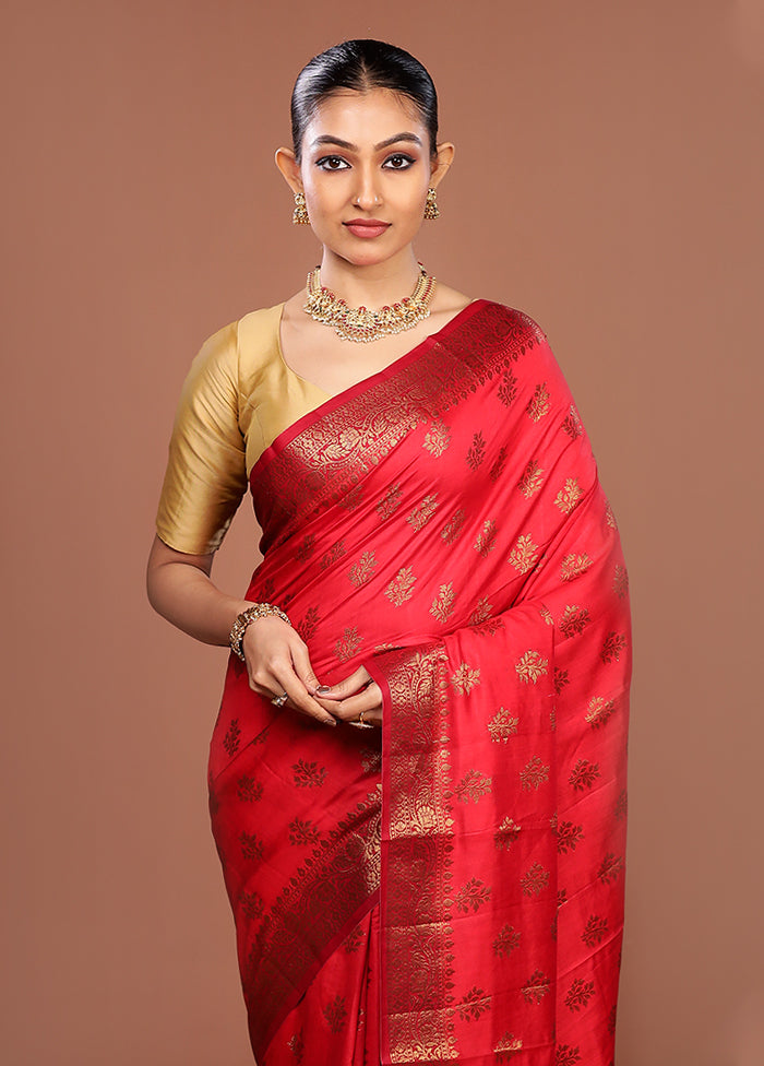 Red Handloom Dupion Pure Silk Saree With Blouse Piece