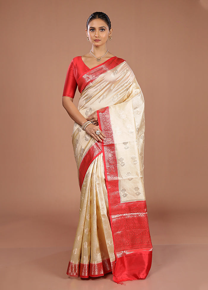 Cream Handloom Dupion Pure Silk Saree With Blouse Piece