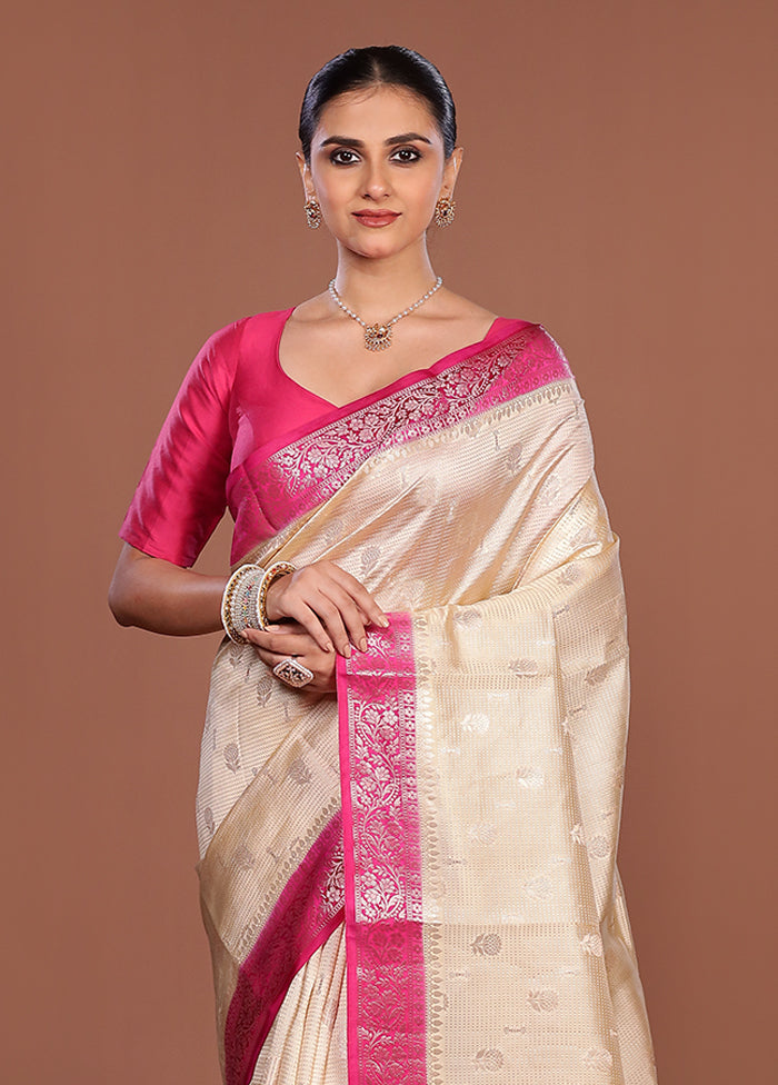 Cream Handloom Dupion Pure Silk Saree With Blouse Piece