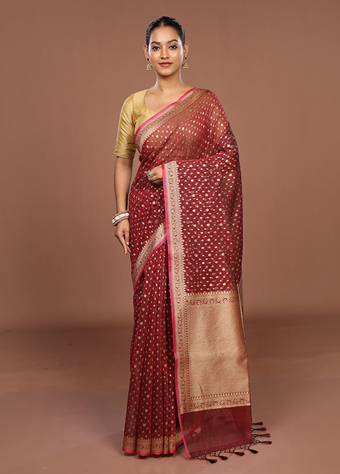 Maroon Kora Silk Saree With Blouse Piece