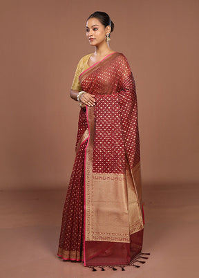 Maroon Kora Silk Saree With Blouse Piece