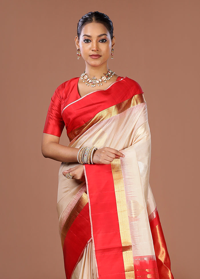 Cream Handloom Kanjivaram Pure Silk Saree With Blouse Piece