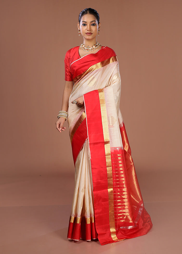 Cream Handloom Kanjivaram Pure Silk Saree With Blouse Piece
