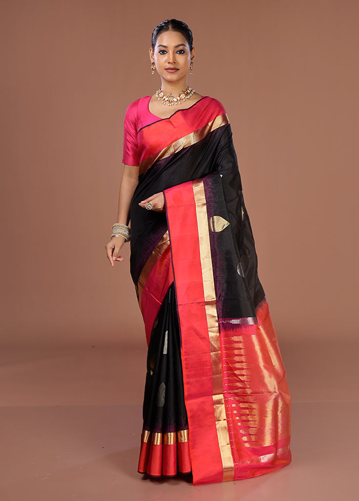 Black Handloom Kanjivaram Pure Silk Saree With Blouse Piece