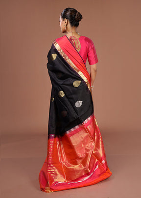 Black Handloom Kanjivaram Pure Silk Saree With Blouse Piece