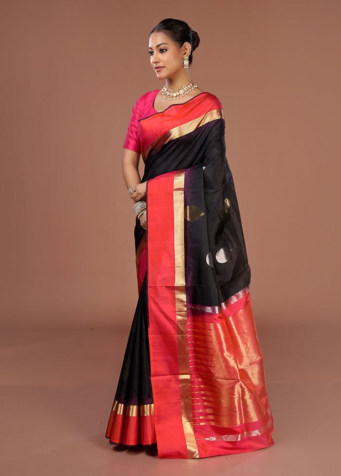 Black Handloom Kanjivaram Pure Silk Saree With Blouse Piece