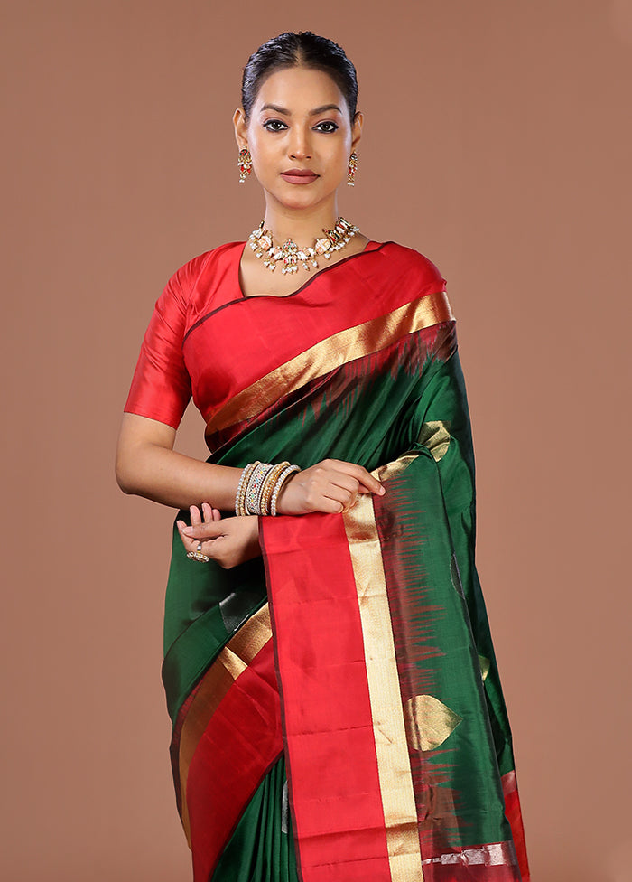 Green Handloom Kanjivaram Pure Silk Saree With Blouse Piece