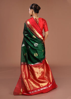Green Handloom Kanjivaram Pure Silk Saree With Blouse Piece