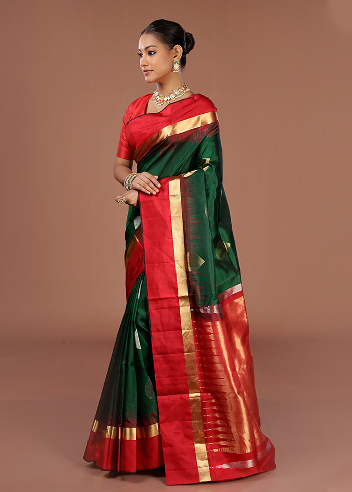 Green Handloom Kanjivaram Pure Silk Saree With Blouse Piece