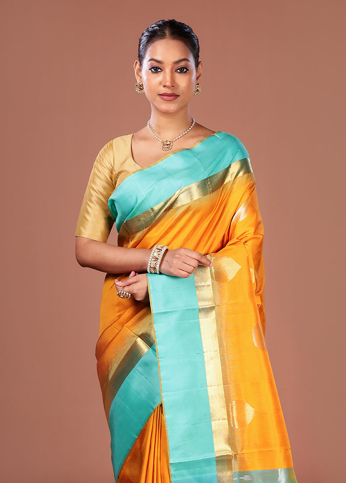 Yellow Handloom Kanjivaram Pure Silk Saree With Blouse Piece