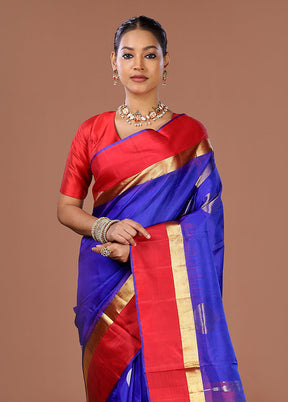 Blue Handloom Kanjivaram Pure Silk Saree With Blouse Piece