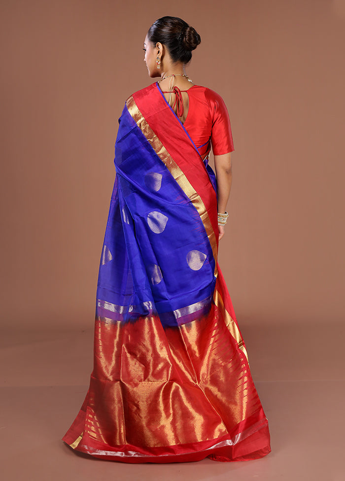 Blue Handloom Kanjivaram Pure Silk Saree With Blouse Piece