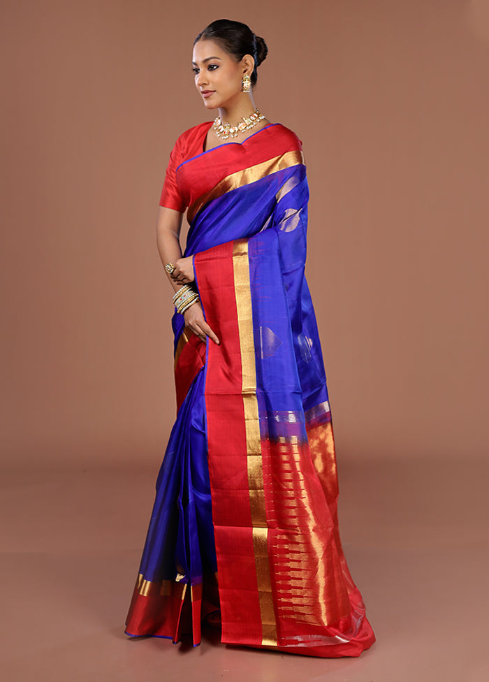 Blue Handloom Kanjivaram Pure Silk Saree With Blouse Piece